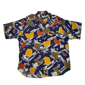 Delveneto Made in Italy Abstract Geometric Shirt XL Short Sleeve Blue Vintage